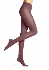 Collant bordeaux trasparenti con una texture liscia, vita alta e design semi-trasparente, sagomati per adattarsi strettamente alle gambe.