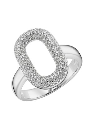 Silberring mit einer offenen ovalen Oberseite, die mit kleinen runden Diamanten besetzt ist.