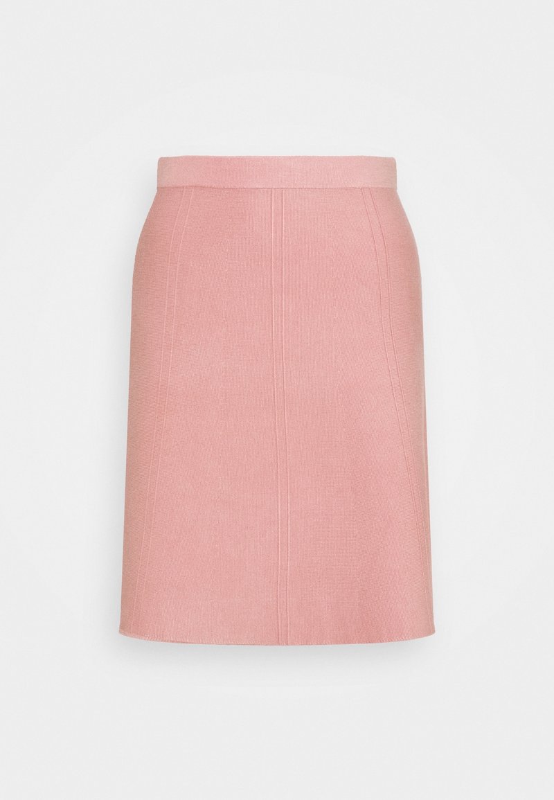 Pink tailored skirt with a smooth texture, featuring vertical seams and a straight silhouette, finished with a waistband for structure.