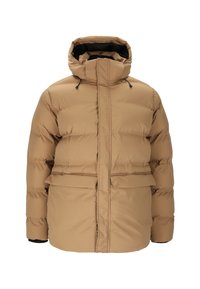 Brun pufferjakke med høj krave, frontlynlås, snøre i hætten og to lommer ved taljen. Tekstureret, isoleret design.