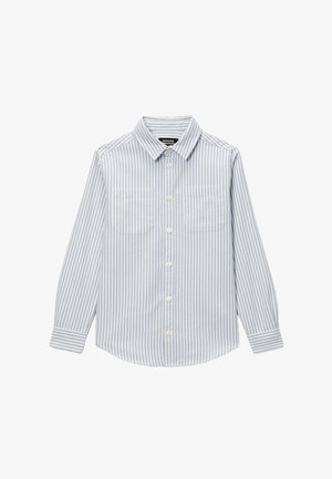 Chemise à manches longues avec boutons, rayures verticales bleu clair et blanches, col étalé et deux poches poitrine.