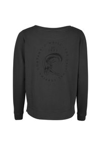 Sudadera negra con un estampado de logo redondo en la parte trasera, con el texto "O'Neill", "EST. 1952", y un gráfico estilizado de surfista. Manga larga.