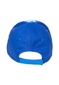 Gorra de béisbol de algodón azul con visera plana, correa ajustable y acentos de costura. Color azul sólido con una textura suave.