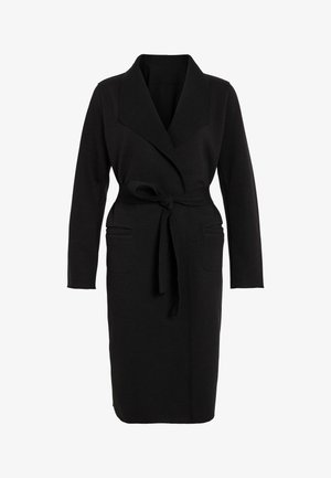 Black wrap dress with long sleeves, wide collar, tie belt, and two front pockets. Made from soft fabric with a smooth texture.
