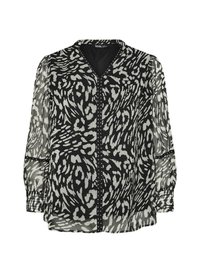 Blusa in stampa animale bianca e nera con scollo a V, maniche lunghe trasparenti e polsini arricciati. Presenta un dettaglio con bottoni sul davanti.