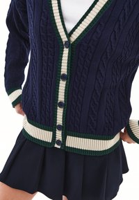Cárdigan de punto navy con patrón de trenzas, ribetes en verde y crema, cuello en V y seis botones en la parte delantera. Llevado sobre una falda negra.