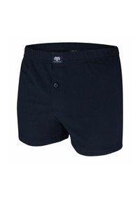 Navy blue men's boxers made of cotton, featuring a button closure and elastic waistband, with a soft, smooth texture.