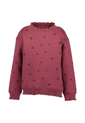 Kinder langärmliges dunkelrotes Sweatshirt mit kleinen dunklen Herzmustern, gewellten Kanten am Kragen, an den Bündchen und am Saum.
