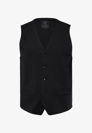 Chaleco sin mangas negro con escote en V, cinco botones y dos bolsillos frontales. Fabricado con una tela suave, corte recto y dobladillo cosido.