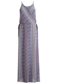Robe maxi en tissu léger, avec un design enveloppant, des bretelles spaghetti et un motif géométrique agrémenté de fleurs en bleu et rose.