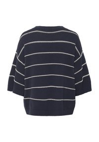Pulover tricotat bleumarin cu dungi orizontale albe, mâneci scurte și decolteu rotund. Material texturat, croială lejeră și tiv cu nervuri.