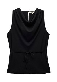 Top senza maniche nero con scollatura drappeggiata, dettaglio a chiave sul retro e vita accentuata da un fiocco. Realizzato in un tessuto liscio e leggero.