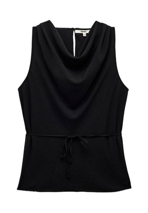 Zwarte mouwloze top met een gedrapeerde col, een sleutelgatdetail aan de achterkant en een strikaccent in de taille. Gemaakt van een gladde, lichtgewicht stof.