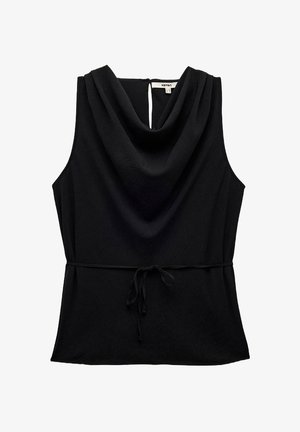 Zwarte mouwloze top met een gedrapeerde col, een sleutelgatdetail aan de achterkant en een strikaccent in de taille. Gemaakt van een gladde, lichtgewicht stof.