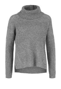 Grauer gestrickter Pullover mit hohem, geripptem Rollkragen, lockerer Passform und unterschiedlichen Texturmusterungen. Er hat lange Ärmel und einen leicht längeren Rücken.