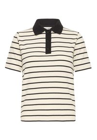 Polo crème à manches courtes avec des rayures horizontales noires, un col noir et trois boutons noirs sur la patte de boutonnage avant.