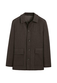 Cappotto marrone a spina di pesce con colletto, chiusura a bottoni e due tasche frontali; realizzato in un tessuto caldo e testurizzato.