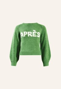 Grüner gestrickter Pullover mit rundem Ausschnitt, langen Puffärmeln und gerippten Bündchen. Mit weißer Schrift, die "APRÈS" auf der Vorderseite schreibt.