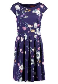 Blumenkleid mit lila Grundfarbe und mehrfarbigen Blumenmustern, kurzen Ärmeln, figurbetontem Oberteil und plissiertem Rock.