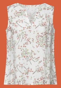 Blouse blanche sans manches avec un col en V doux et un délicat motif floral rose et vert sur un fond uni.