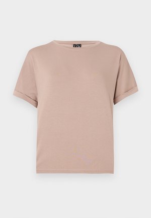 T-shirt à manches courtes et col rond en tissu doux et léger de couleur rose pastel. Il présente des manches roulées et une finition droite.