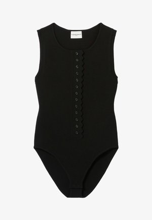 Body sin mangas negro con cuello redondo, tapeta de botones con borde festoneado y textura suave. Hecho de material elástico y ajustado al cuerpo.