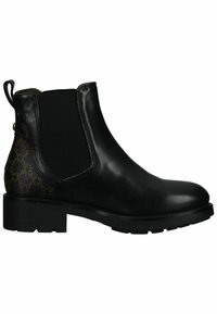 Botte de cheville en cuir noir avec des panneaux latéraux élastiques, un accent texturé marron et un talon carré robuste. Design simple et fonctionnel.