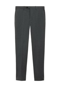 Pantaloni gri, croiți, dintr-un material texturat, având închidere frontală cu buton, bucle pentru curea și picioare drepte.