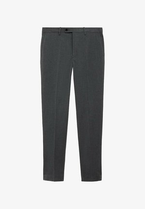 Gray tailored trousers made of textured fabric, featuring a front button closure, belt loops, and straight legs.