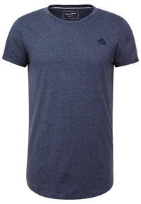 Navyblå bomull t-shirt med korta ärmar, rundad halsringning och en subtil logotypdetalj på bröstet. Tyget har en texturerad, melerad yta.