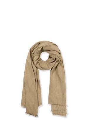 Sciarpa a coste beige realizzata in tessuto leggero, con una consistenza morbida e bordi sfrangiati, disposta in modo sciolto a forma di cerchio.