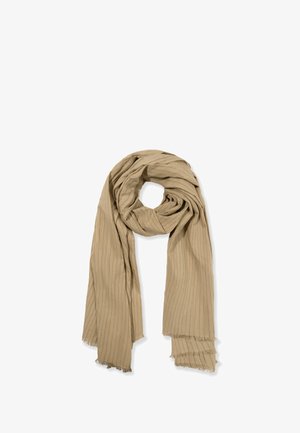 Beiger gerippter Schal aus leichtem Stoff, mit einer sanften Textur und fransigen Kanten, locker in einer kreisförmigen Anordnung.