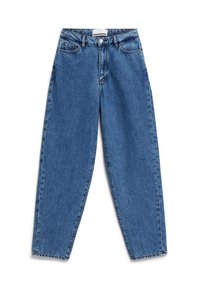 Blå denimjeans med avslappnad passform, raka ben, synlig sömnad, femfickdesign och en midja med ett varumärkesetikett.