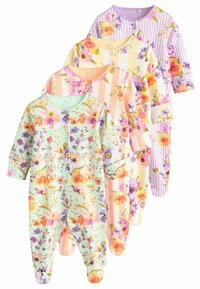 Keturi ilgomis rankovėmis kūdikių kombinezonai su įvairiais gėlių ir dryžuotais raštais, pasižymintys pastelinių spalvų, minkšta medvilnės audiniu ir spaudžių mygtukų uždarymu.