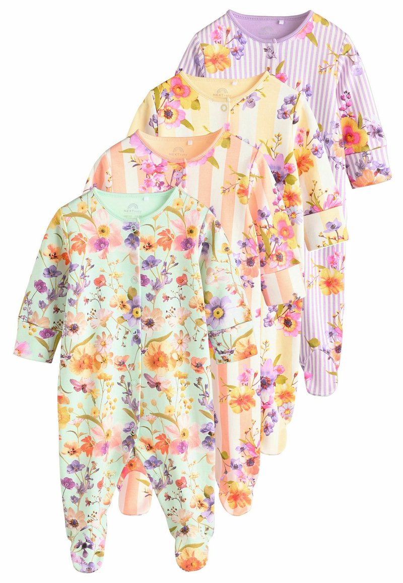 Keturi ilgomis rankovėmis kūdikių kombinezonai su įvairiais gėlių ir dryžuotais raštais, pasižymintys pastelinių spalvų, minkšta medvilnės audiniu ir spaudžių mygtukų uždarymu.
