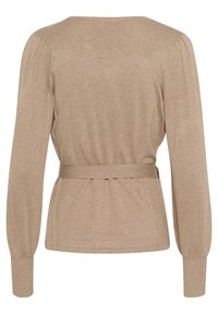 Tan knit sweater with long, slightly puffed sleeves, a belted waist, and a smooth texture. The back features a simple, unembellished design.
