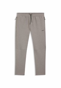 Hellgraue Jogginghosen aus weichem Stoff mit Kordelzugbund, seitlichen Reißverschlusstaschen und einem kleinen schwarzen Logo am linken Oberschenkel.