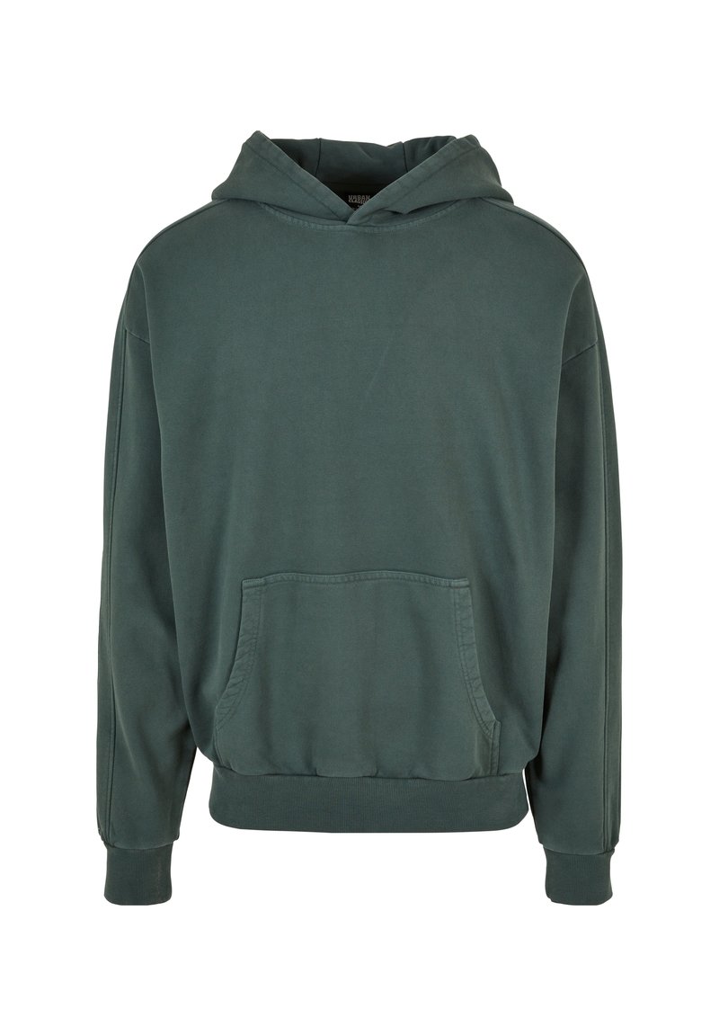 Sweat à capuche vert foncé avec poche kangourou à l’avant et poignets ainsi que ceinture côtelés, présenté sur fond blanc.
