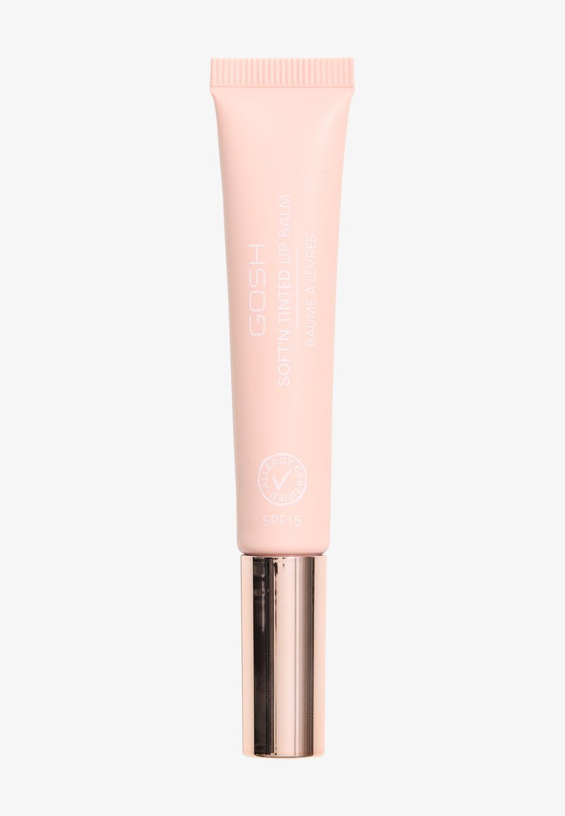 Balsamo labbra Soft'n Tinted in un tubo rosa con base argento, caratterizzato da una texture liscia e SPF 15, etichettato come certificato per allergie.