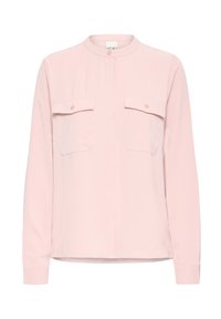 Helles pinkes Langarmhemd mit Stehkragen, zwei Brusttaschen und Knopfverschluss. Glattes Material mit leichtem Glanz.