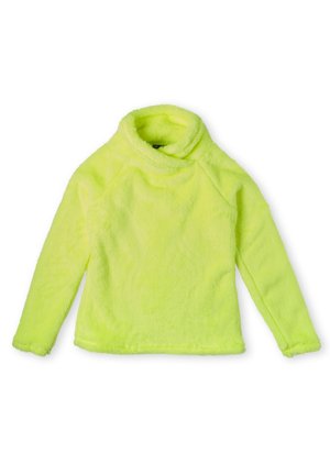 Neonowy żółty, miękki, puszysty sweter z wysokim dekoltem i długimi rękawami. Posiada luźny krój oraz gładką, teksturowaną tkaninę.