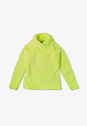 Neonowy żółty, miękki, puszysty sweter z wysokim dekoltem i długimi rękawami. Posiada luźny krój oraz gładką, teksturowaną tkaninę.