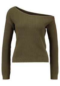 Olive green, ribbed knitted sweater with a wide, off-the-shoulder neckline and long sleeves. Features a straight hem and textured fabric.
