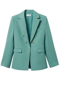 Blazer verde acqua con chiusura doppio petto, bottoni dorati, revers a punta, due tasche frontali e texture di tessuto liscia.