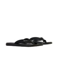 Zwarte flip-flops met gestructureerde banden en een gevoerde zool, met een logo op de band. Eenvoudig ontwerp geschikt voor casual gebruik.