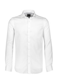 Witte blouse met lange mouwen van soepel stof, met een knoopsluiting aan de voorkant, een puntige kraag en manchetten met één knoop. Eenvoudig en klassiek ontwerp.