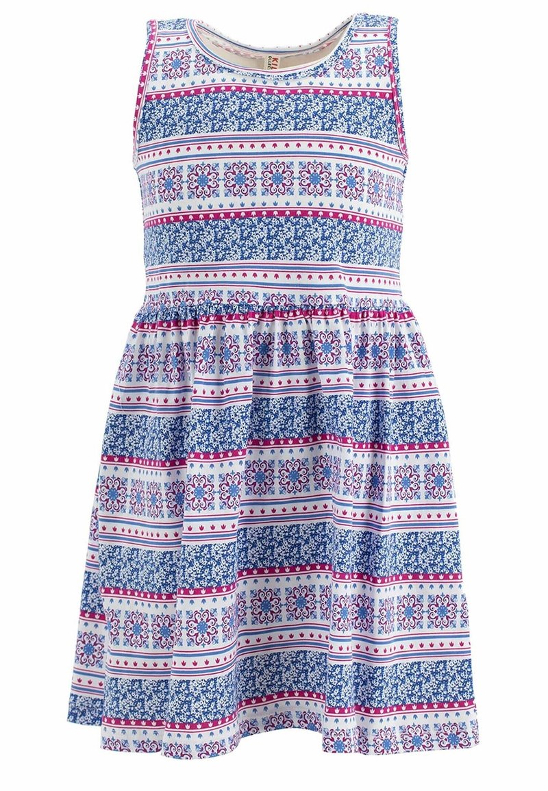 Robe sans manches longueur genou avec taille froncée, présentant des rayures horizontales de motifs floraux bleus et géométriques roses sur tissu blanc.