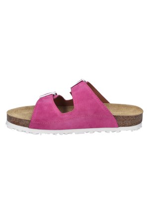 Pink suede sandal with two adjustable straps, cork footbed, and white rubber sole. Open design with cutouts for breathability.