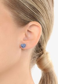 Hjärtförsedda stiftörhängen med blå glittrande yta, inlagda i en metallisk bas, bärs på örsnibben mot en bakgrund av rakt hår.