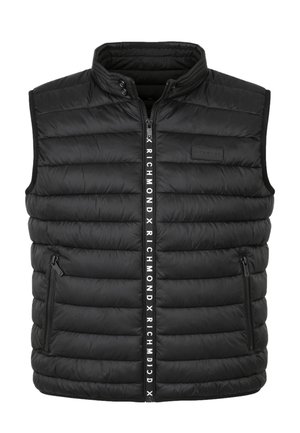 Gilet imbottito trapuntato nero senza maniche con collo alto, chiusura frontale con zip con scritta "RICHMOND" e due tasche laterali con zip.